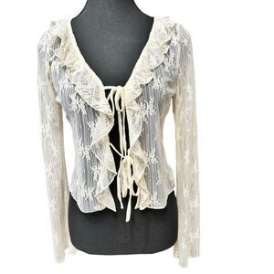 Blouse – Size Small Thirty Thirty Cream Sheer Lace Ruffle Tie Top